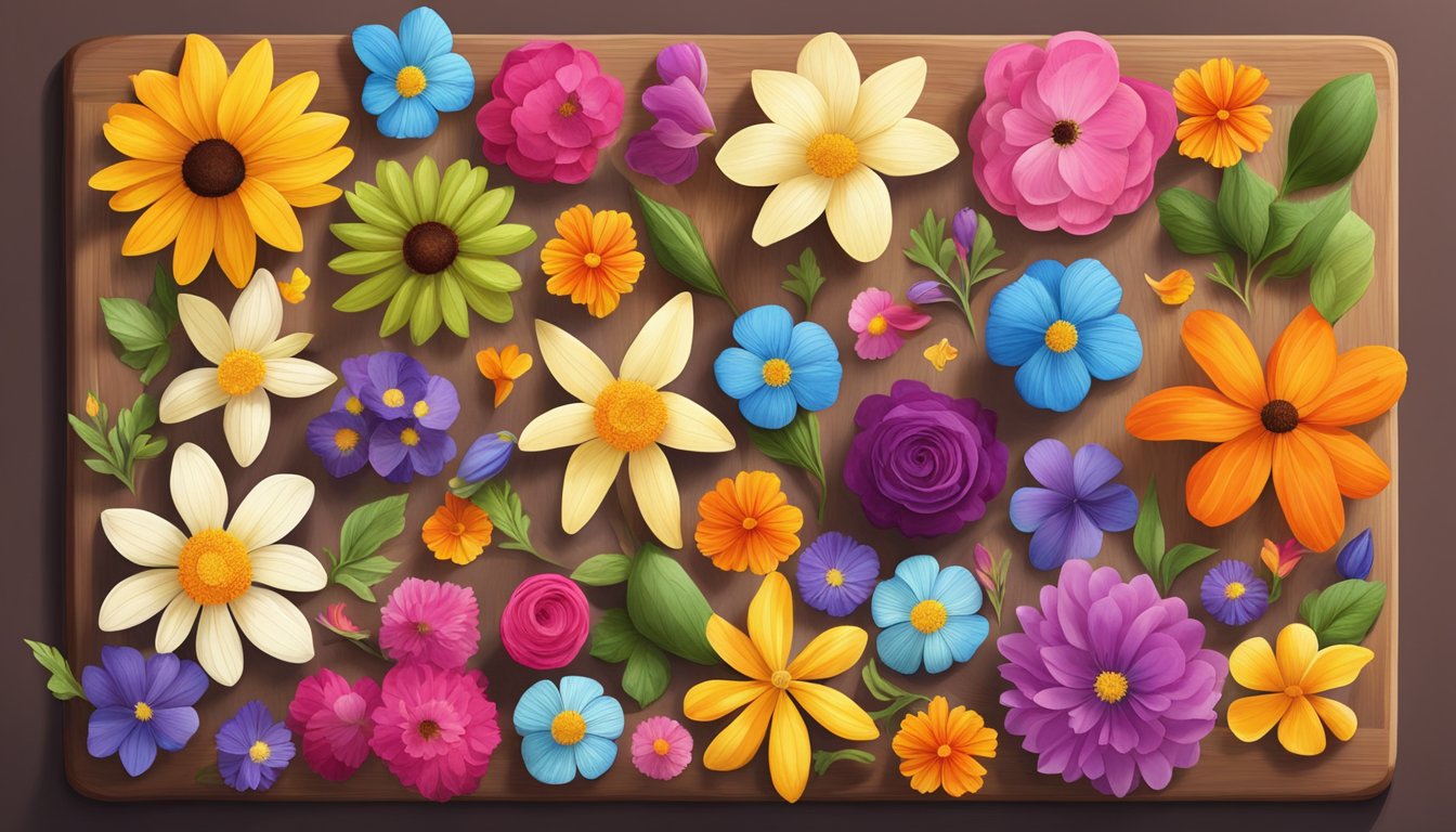 A colorful array of edible flowers arranged on a wooden cutting board, showcasing their vibrant petals and delicate shapes