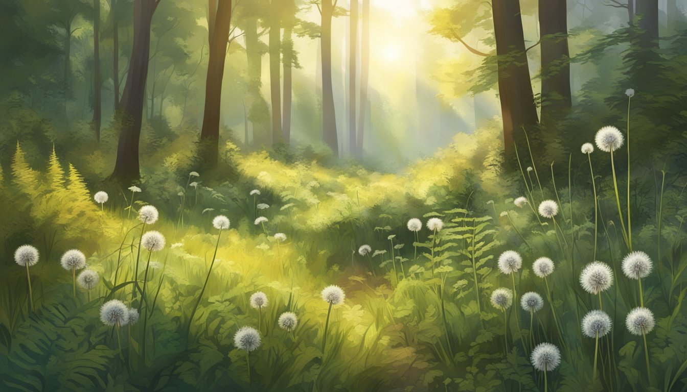 A forest clearing with wild plants like dandelion, chicory, and burdock growing among tall grasses and ferns, with a warm morning sunlight filtering through the trees