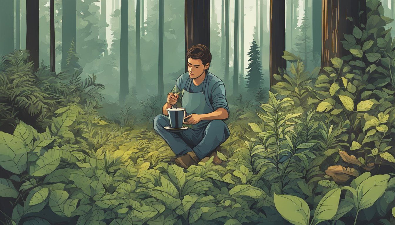 A person gathers wild plants in a forest, then grinds and brews them to make coffee