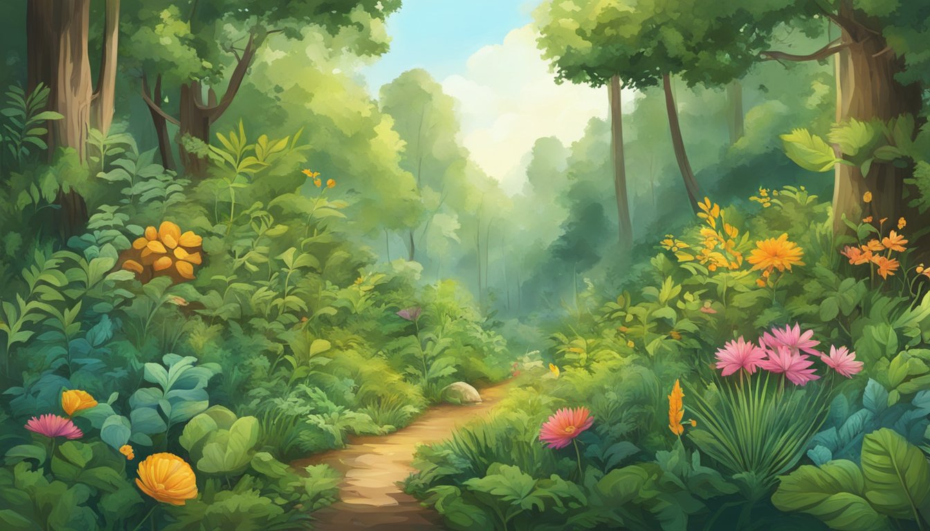 A lush forest with diverse plant life and a variety of forageable items scattered throughout the underbrush