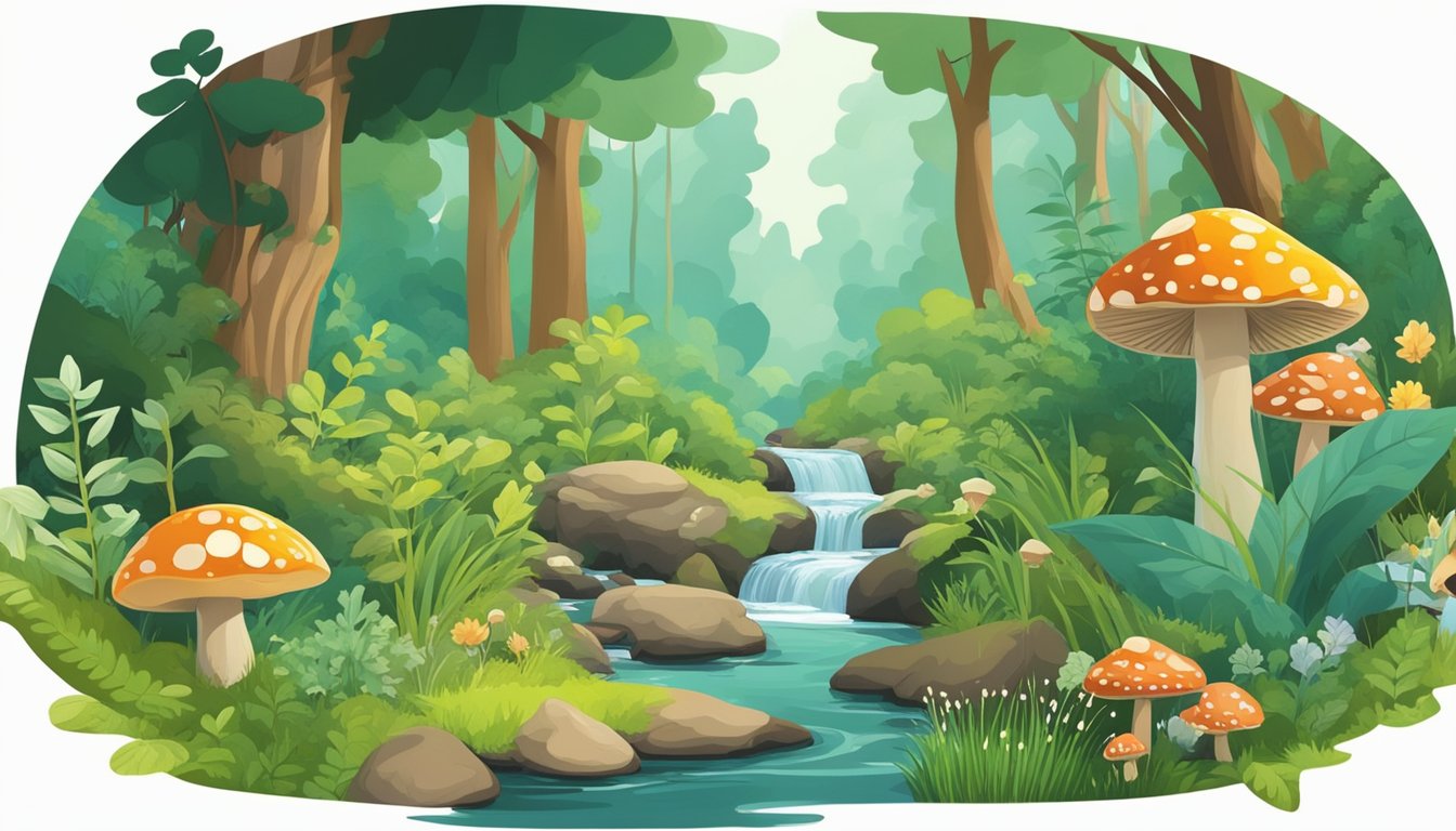 A lush forest with various plants and mushrooms, a stream running through, and a figure foraging with a basket