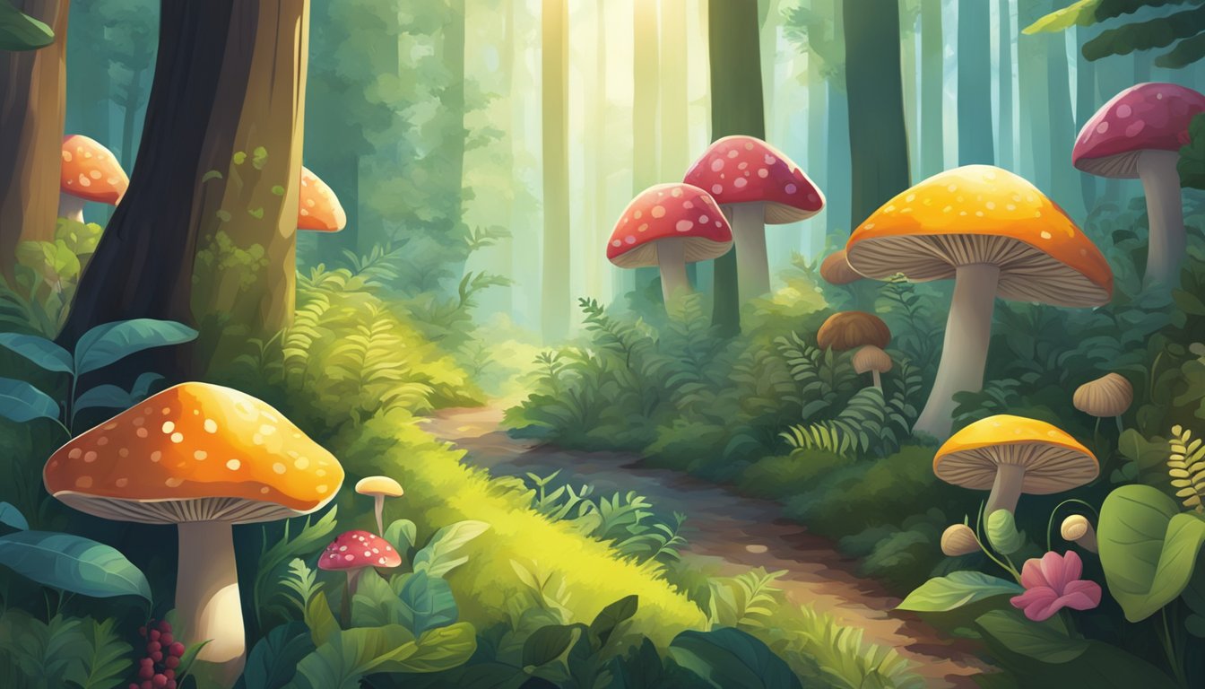 A lush forest with diverse plant life, mushrooms, and berries. A serene, natural setting with sunlight filtering through the canopy