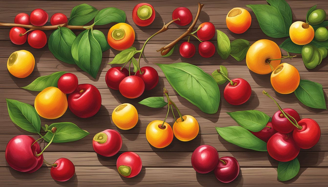 A vibrant assortment of wild foods, including acerola cherries, displayed on a rustic wooden table. Bright colors and diverse textures create a visually appealing scene