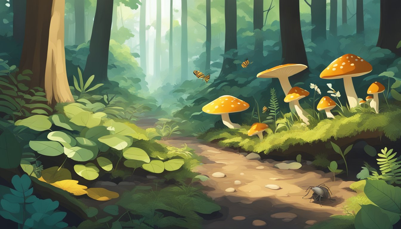 A forest floor with diverse plants, mushrooms, and insects. Sunlight filters through the canopy, casting dappled shadows on the ground