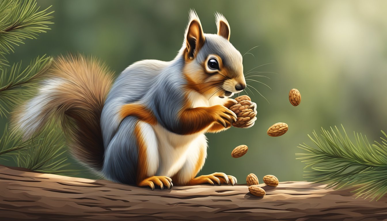 A squirrel perched on a pine tree, nibbling on raw pine nuts scattered on the ground