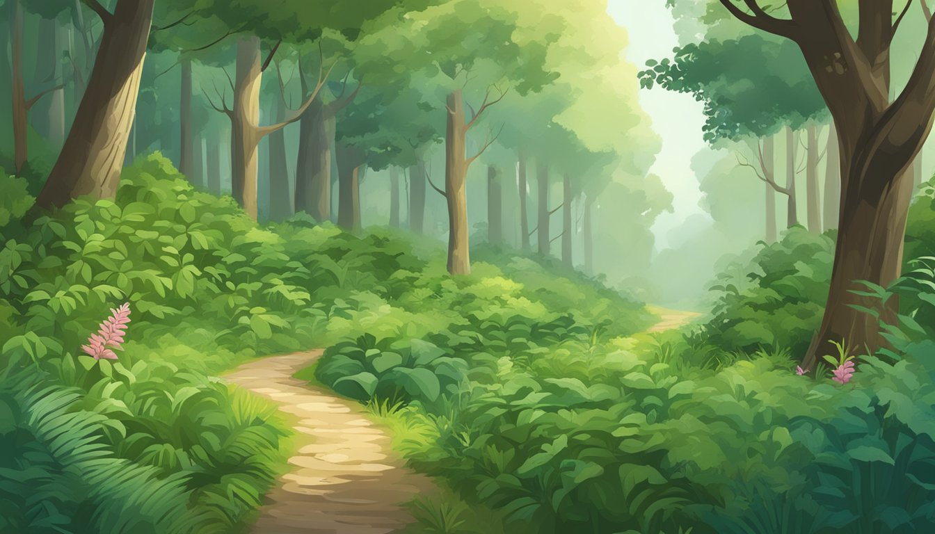 A lush forest with diverse plant life and foraging opportunities, with a clear path leading through the greenery