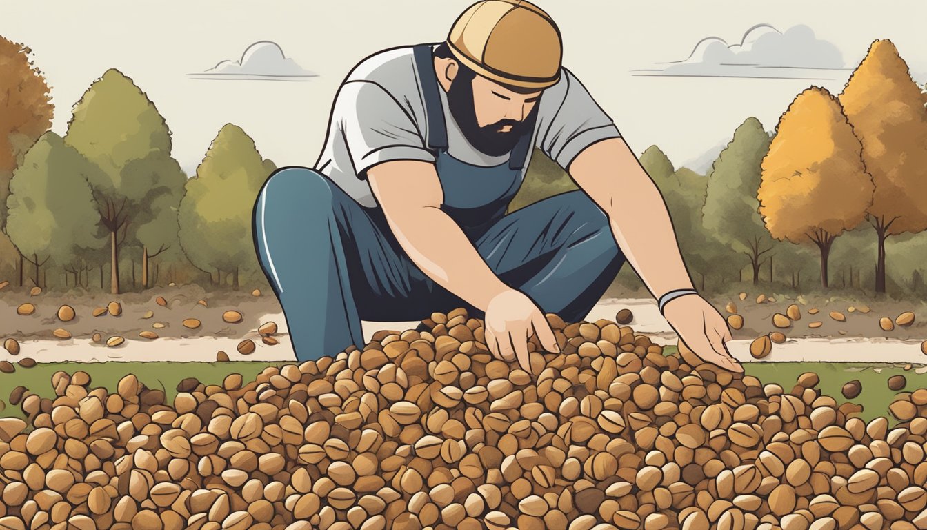 A person picking and collecting nuts and seeds from the ground, mixing them up in a pile, unaware of the potential dangers