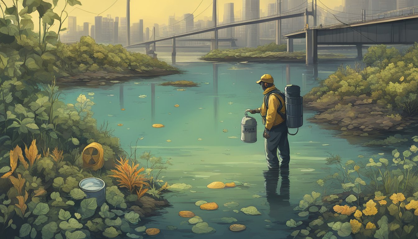 A figure collects plants near a murky, polluted body of water, surrounded by warning signs and hazardous waste