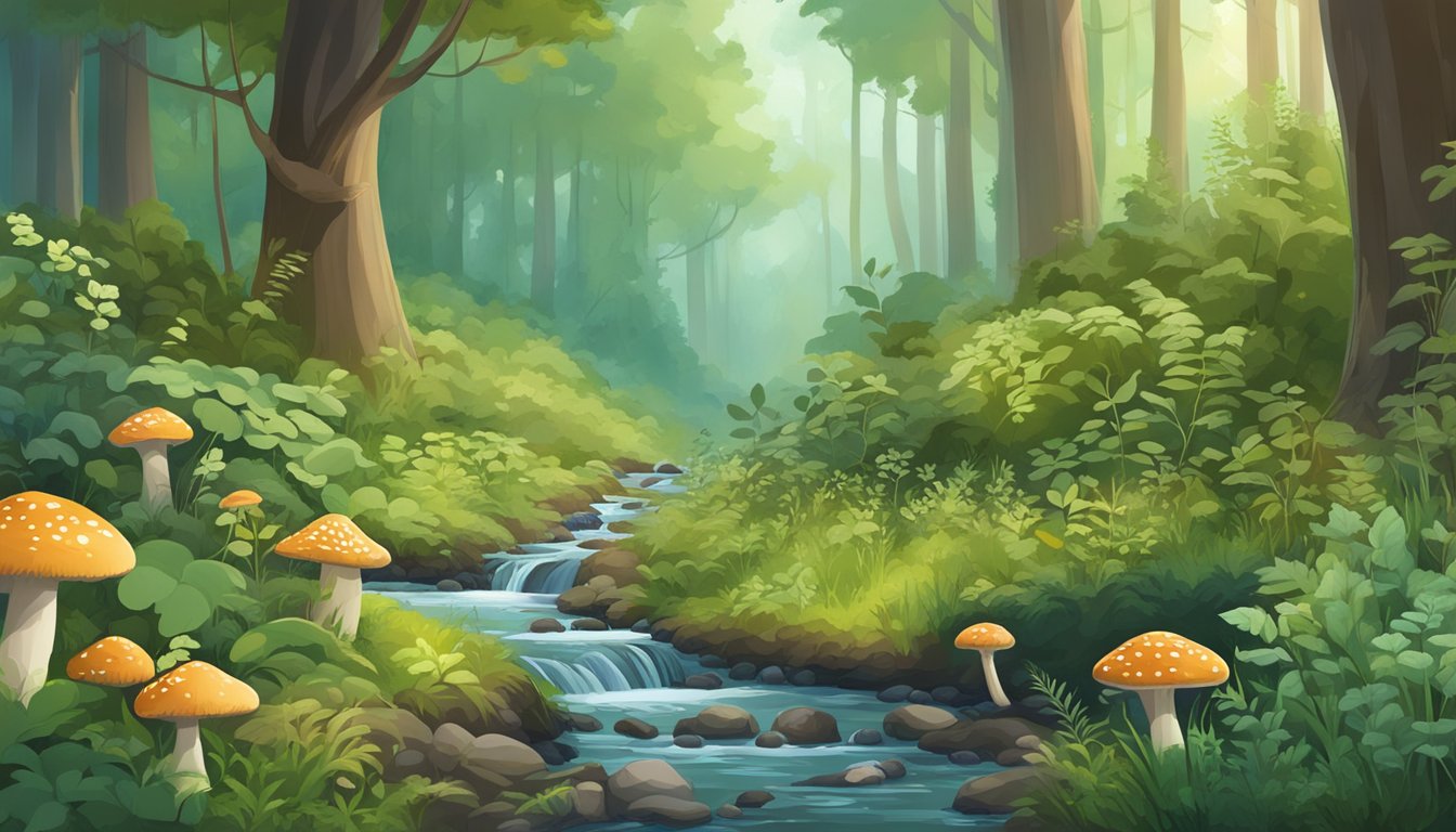 A lush forest with a variety of wild plants and mushrooms scattered across the ground, with a stream running through the background