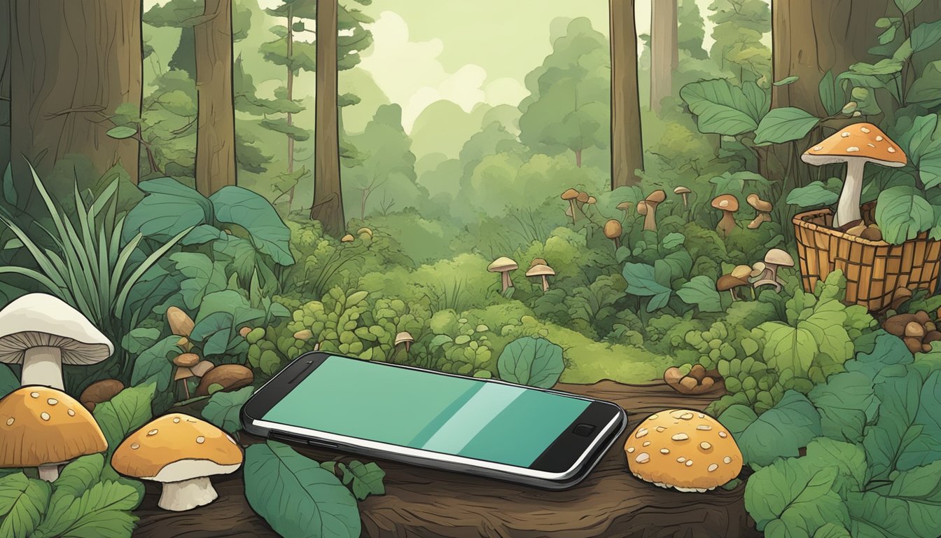 A lush forest with various plants and mushrooms, a basket filled with foraged goods, and a smartphone displaying social media profiles of foraging experts