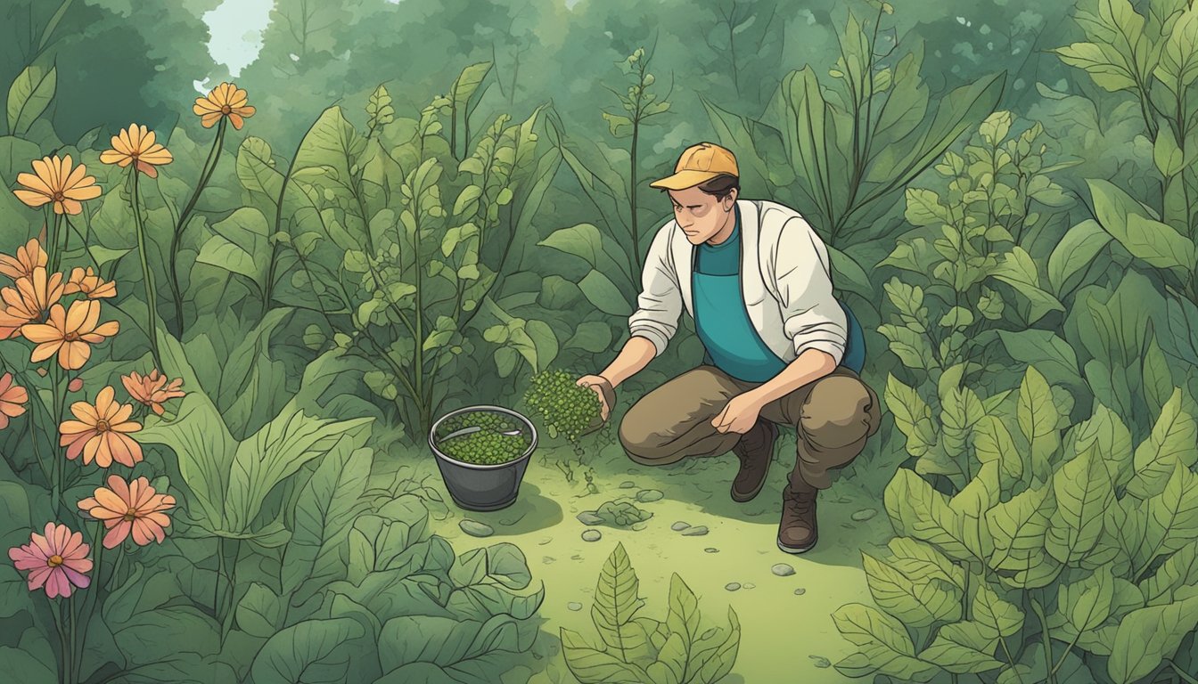 A person gathering plants, some of which are poisonous, with warning signs nearby