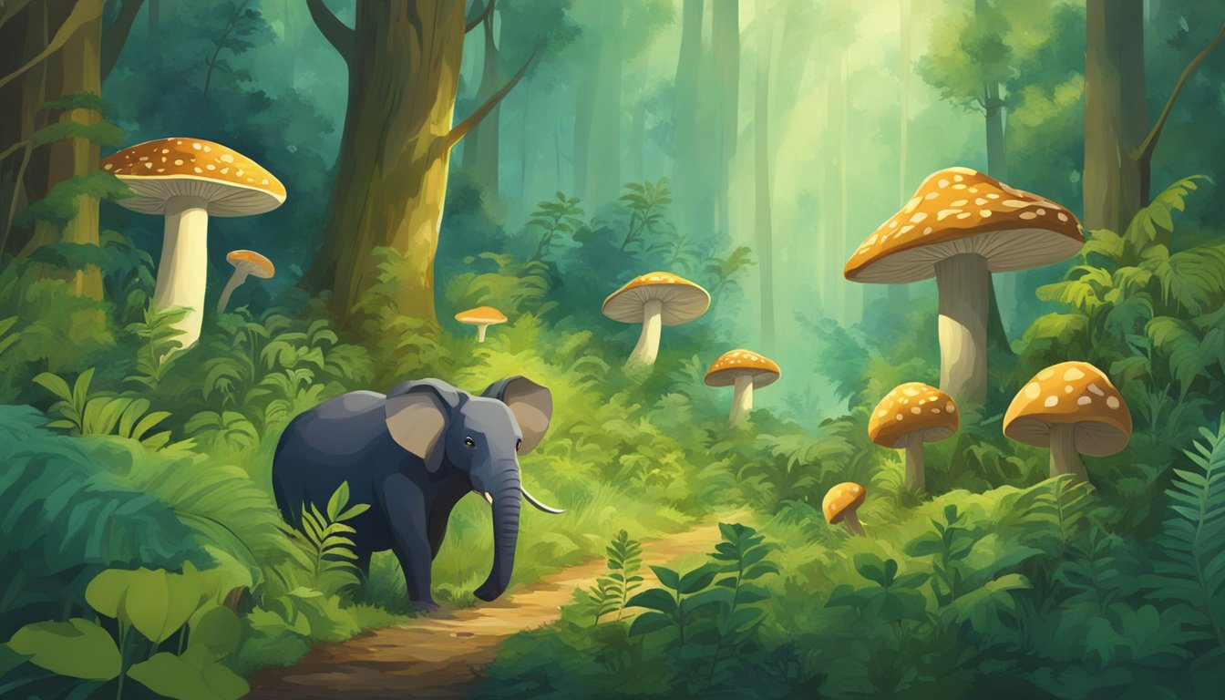 A group of animals cautiously explore a lush, unfamiliar forest, while various dangerous plants and mushrooms lurk in the undergrowth