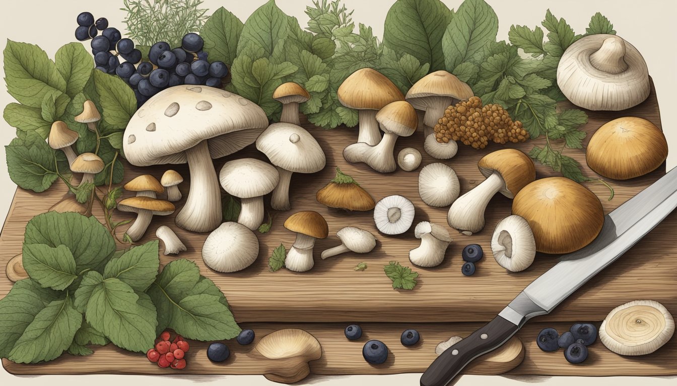 A collection of foraged mushrooms, berries, and herbs arranged on a wooden cutting board with a knife and foraging tools nearby