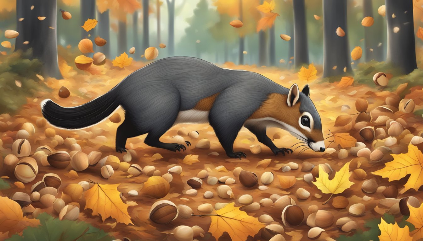 An animal foraging for acorns in a forest, surrounded by fallen leaves and scattered nuts