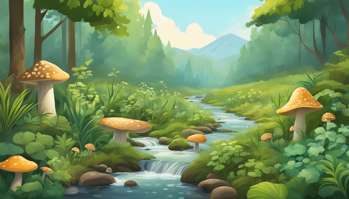 A lush forest with various plants, mushrooms, and herbs scattered across the ground, with a stream flowing nearby