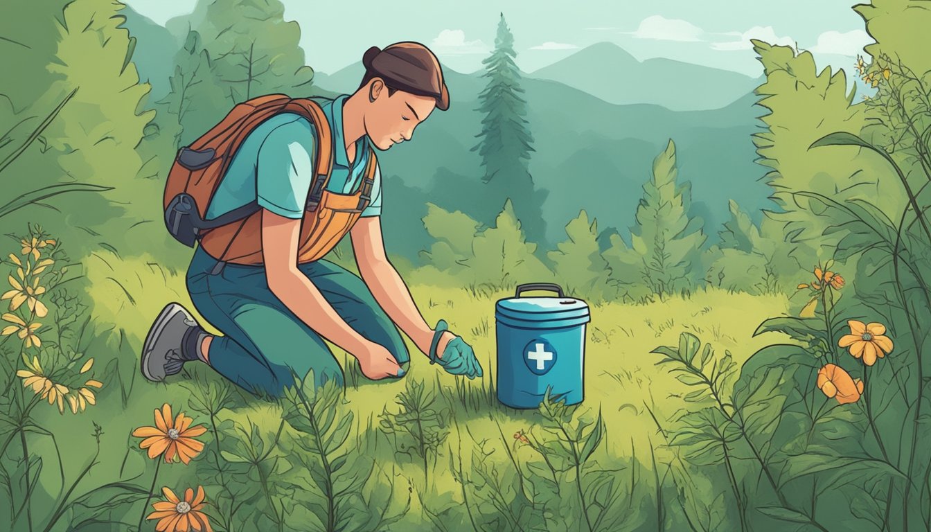 A person gathering wild plants, unknowingly picking toxic ones, with a first aid kit nearby