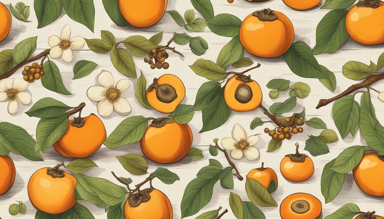 A rustic wooden table adorned with a variety of wild foods, including vibrant persimmons, showcasing their rich vitamin C content