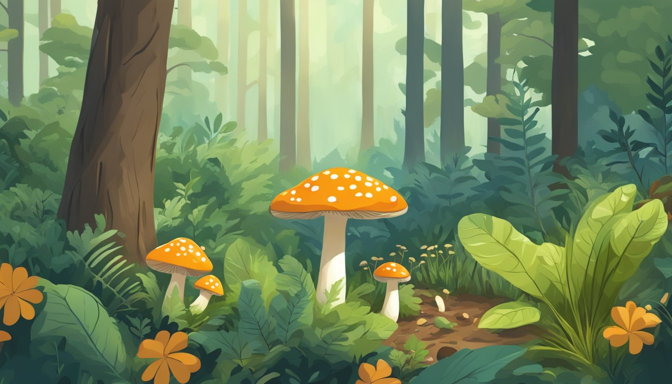 A lush forest with diverse plant life, mushrooms, and berries. A foraging expert carefully examines the surroundings, taking notes and collecting samples