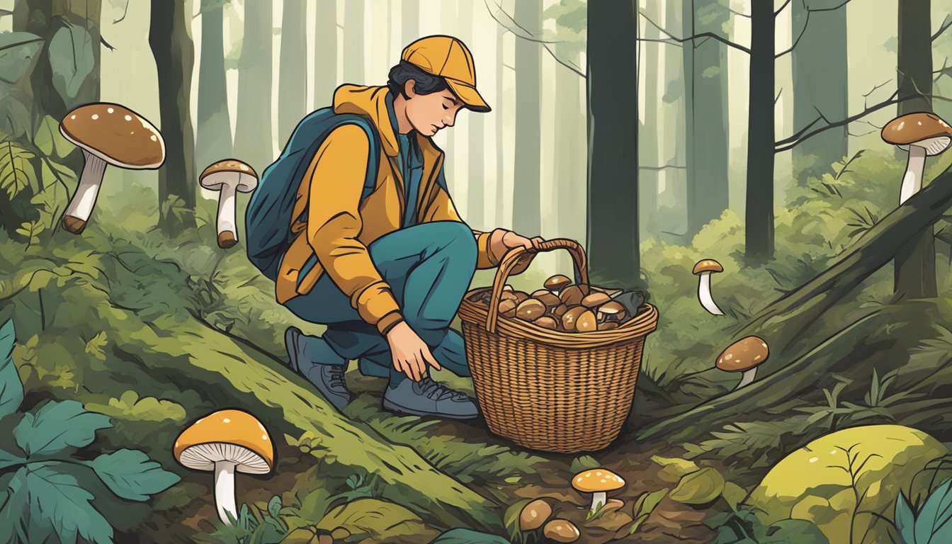 A person foraging for mushrooms in the woods, carefully inspecting each specimen before placing it in a basket