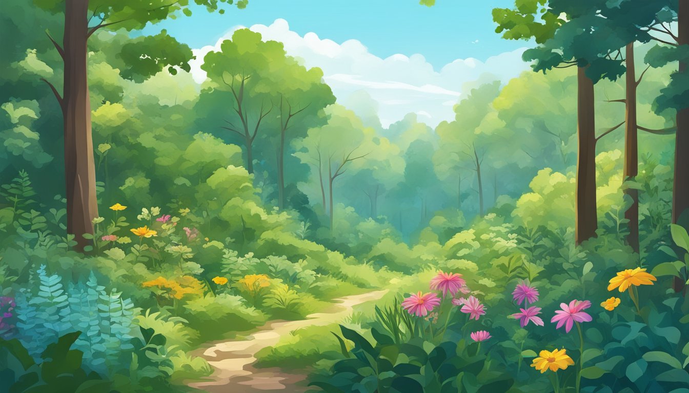 A lush forest with diverse plant life, including vibrant flowers and various herbs, surrounded by tall trees and a clear blue sky