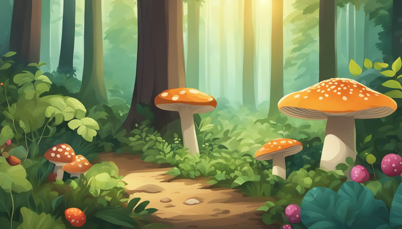 A lush forest with various plants, mushrooms, and berries scattered on the ground, surrounded by tall trees and dappled sunlight