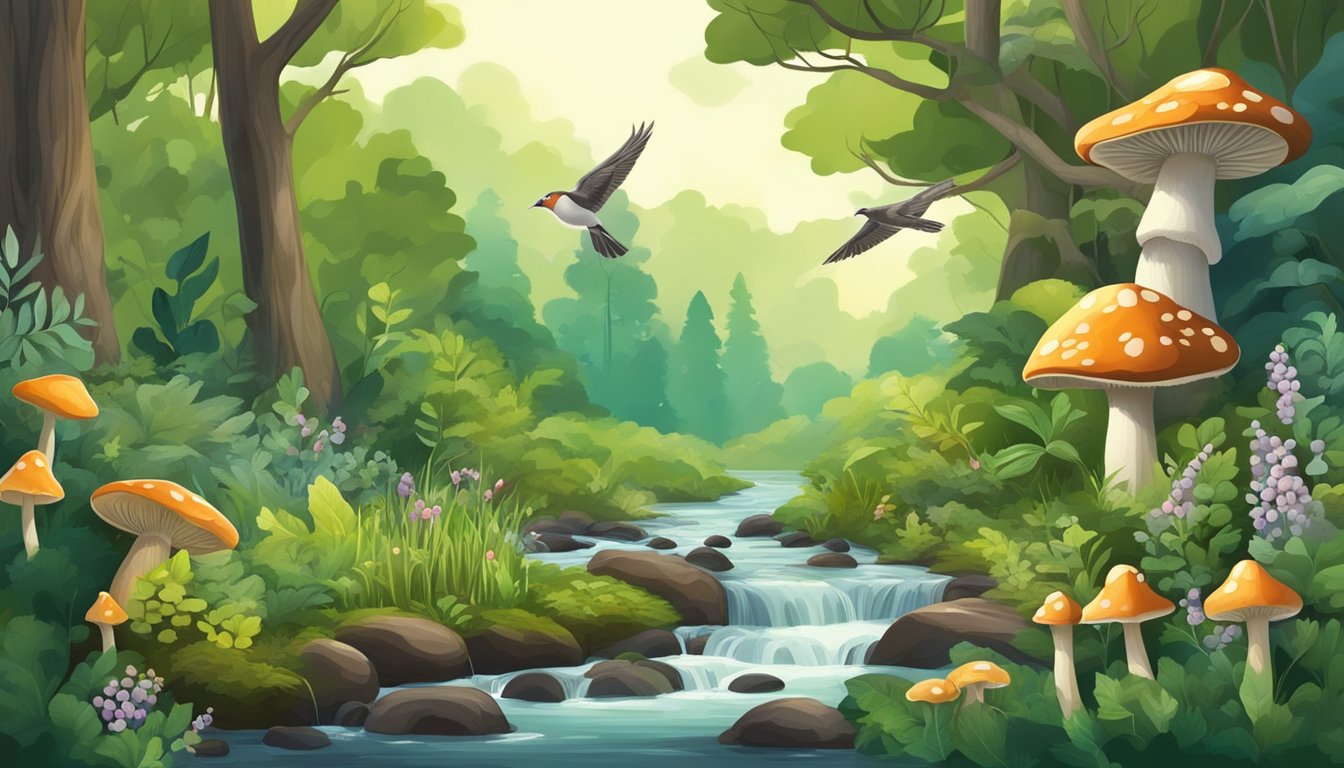 A lush forest with diverse plant life, mushrooms, and berries. A stream flows through the landscape, with birds and small animals foraging