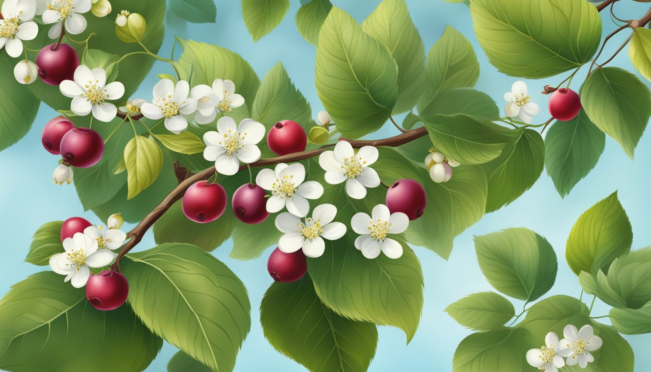 A cluster of ripe serviceberries hangs from a branch, surrounded by leaves and small white flowers