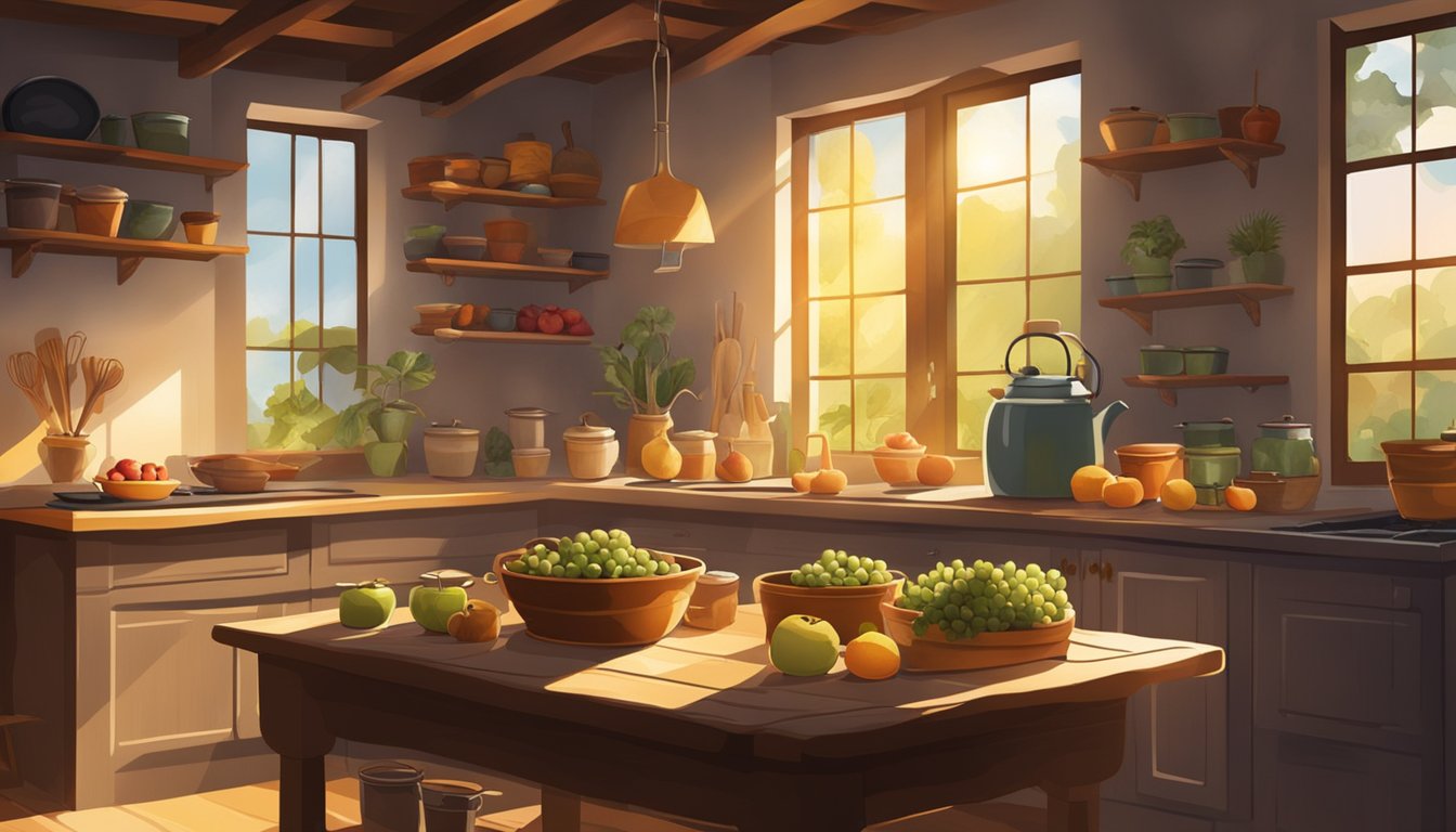 A rustic kitchen with a variety of wild fruits, pots, and utensils laid out for jam-making. Sunlight streams through a window, casting warm, inviting shadows