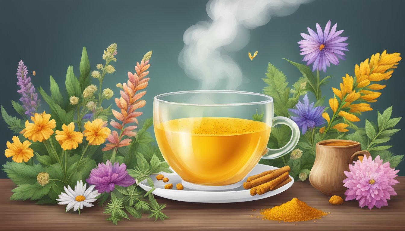 A steaming cup of turmeric tea surrounded by seven different wild herbs and flowers