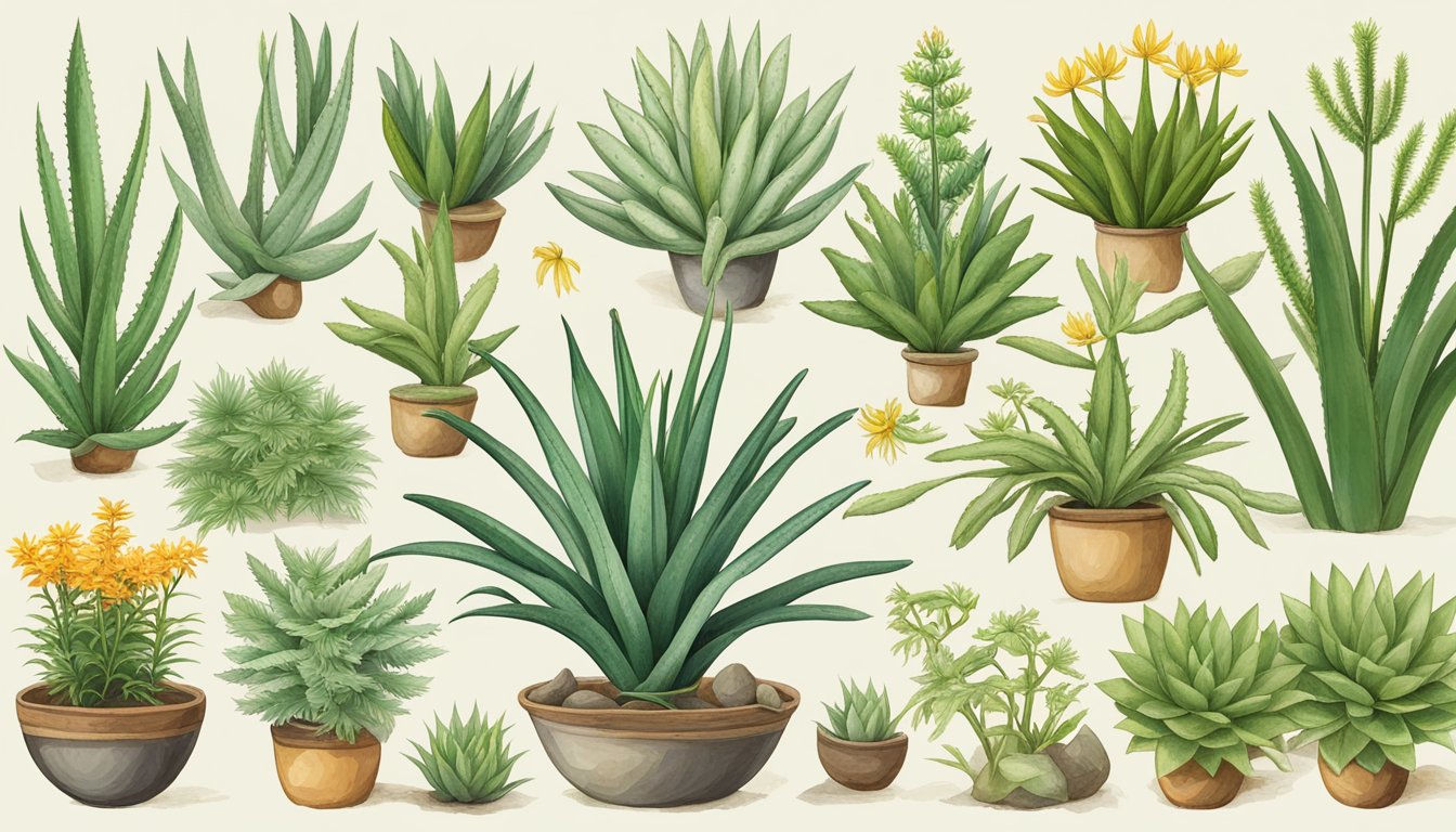 Aloe vera surrounded by 22 other wild plants, each labeled with its traditional medicinal use