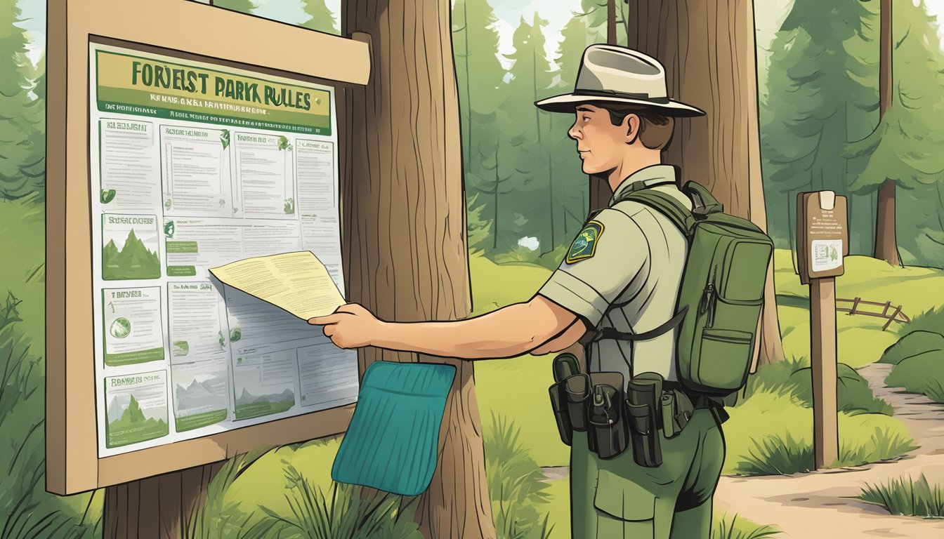 A forest ranger posting park rules on a bulletin board near a trailhead