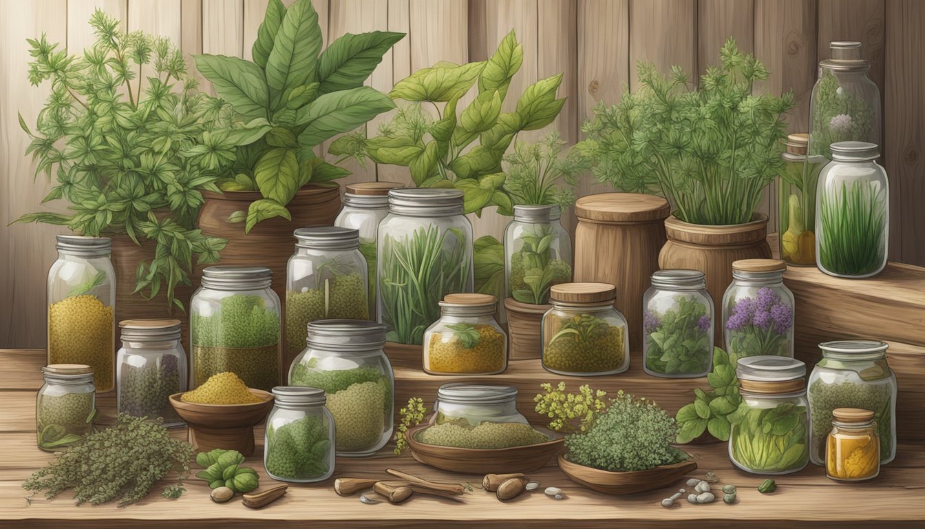 A collection of 23 wild plants arranged on a rustic wooden table, surrounded by traditional medicine tools and jars of herbs