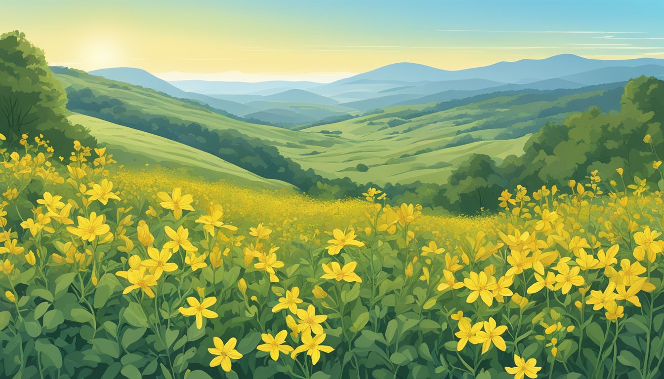 A field of wild plants, including St. John's Wort, with a backdrop of rolling hills and a clear blue sky