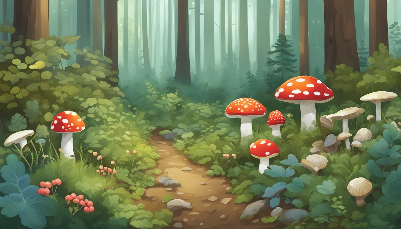 A forest floor with scattered wild berries and mushrooms, surrounded by signs indicating quantity limits and foraging laws