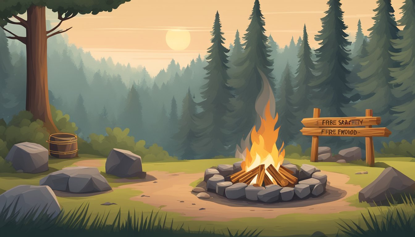 A forest clearing with a campfire surrounded by a ring of stones, a stack of firewood nearby, and a signpost with fire safety and foraging rules