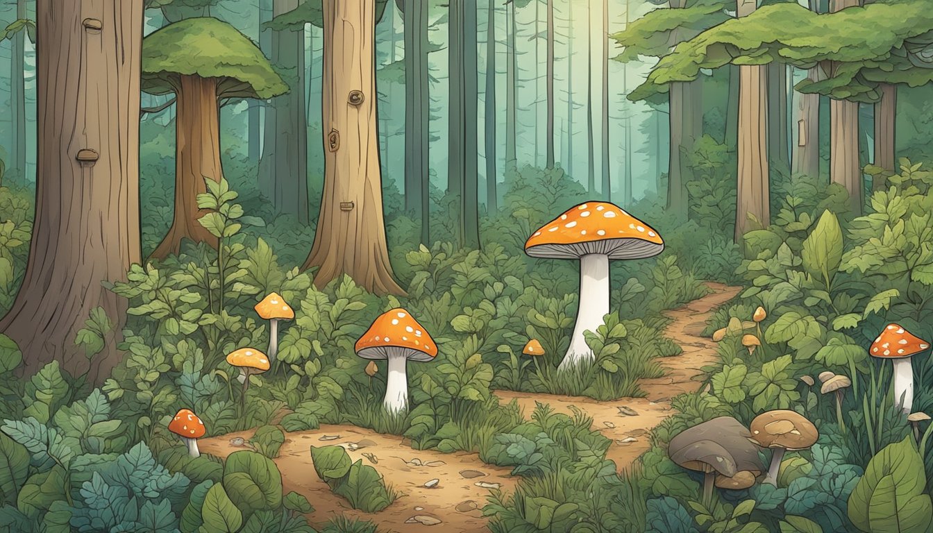 A serene forest with a variety of plants, mushrooms, and wildlife, surrounded by signs indicating "Leave No Trace Principles" and "Foraging Laws."