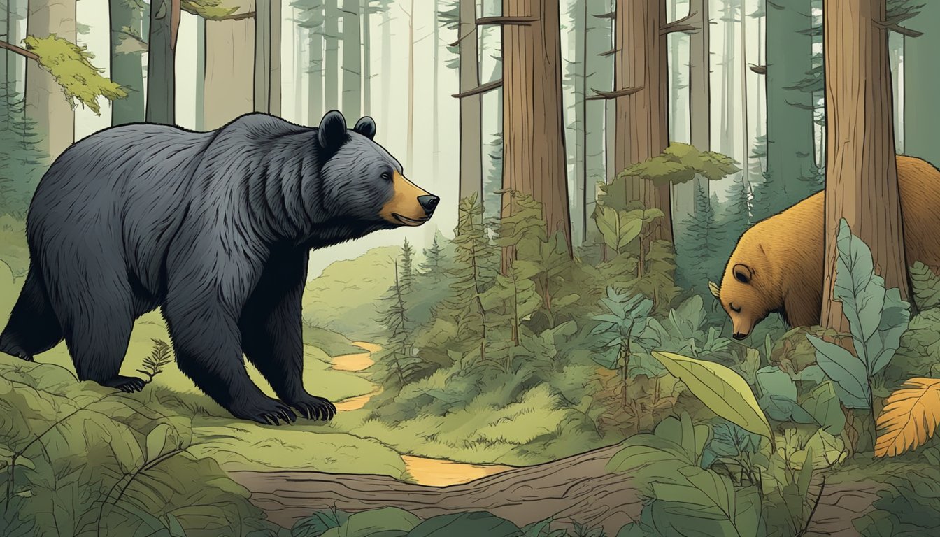 A bear foraging in a peaceful forest, surrounded by various wildlife, with signs indicating wildlife disturbance and foraging laws