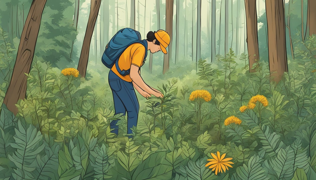 A person gathering wild plants in a forest, checking for permits and following foraging laws