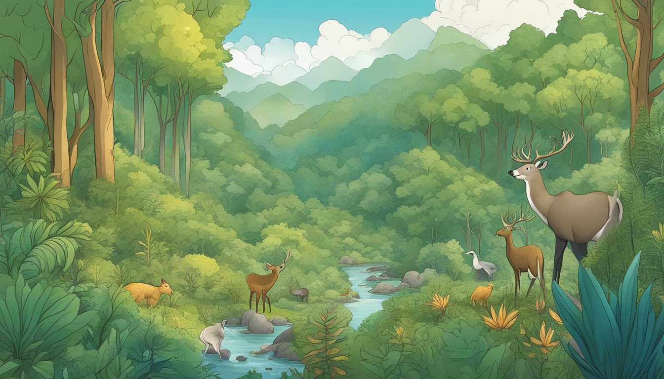 A lush forest with diverse plant life, animals foraging, and a map showing regional boundaries