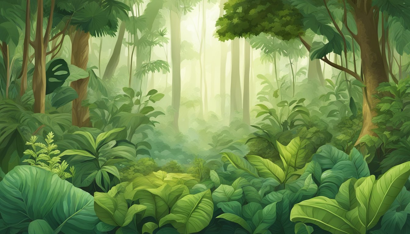 A lush forest clearing with 23 different wild plants, including Kava Kava, used in traditional medicine, arranged in a natural and organic composition