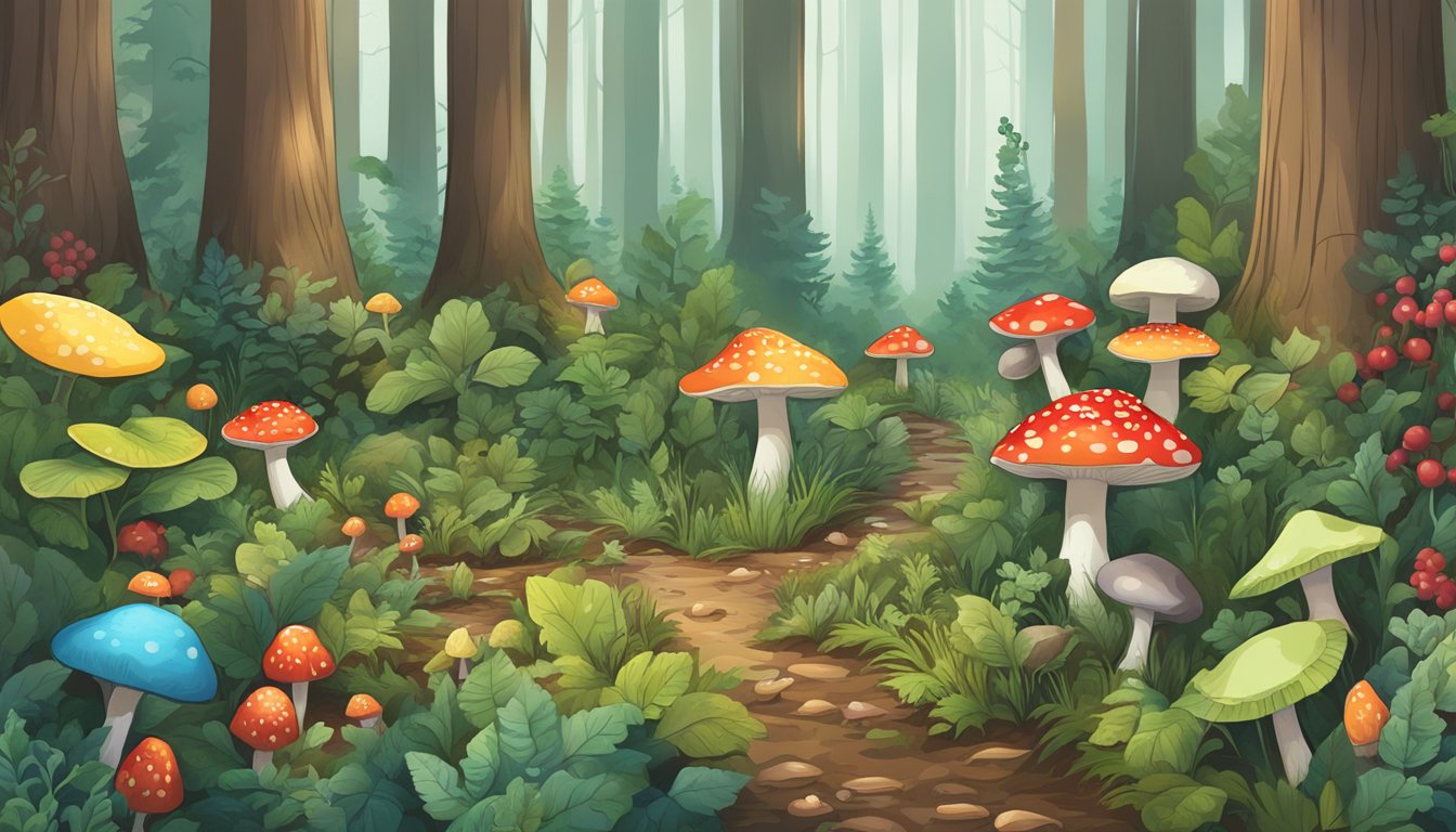 A forest floor with various plants, mushrooms, and berries surrounded by signs indicating foraging regulations