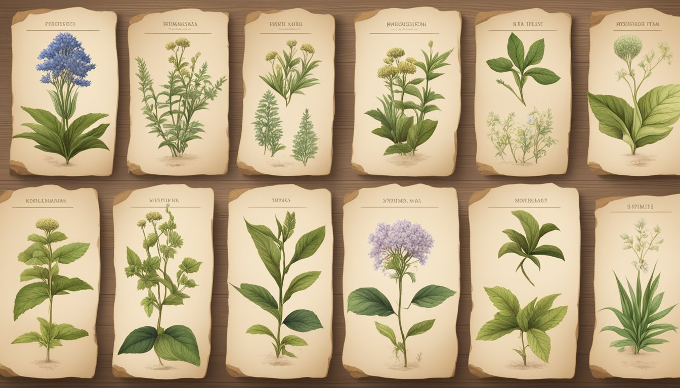 A collection of 23 wild plants used in traditional medicine, arranged on a rustic wooden table with aged parchment and antique botanical illustrations in the background