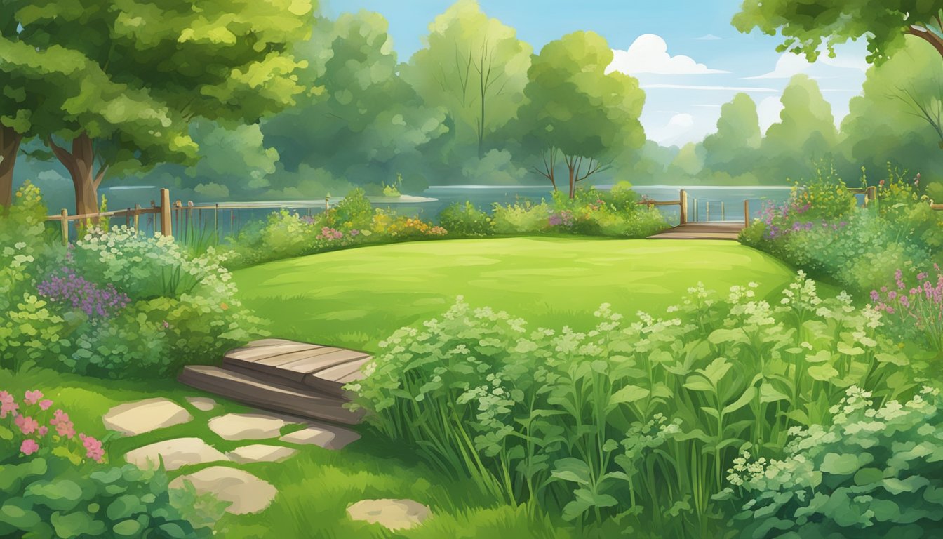 A lush green lawn with scattered patches of Curled Dock and other edible weeds