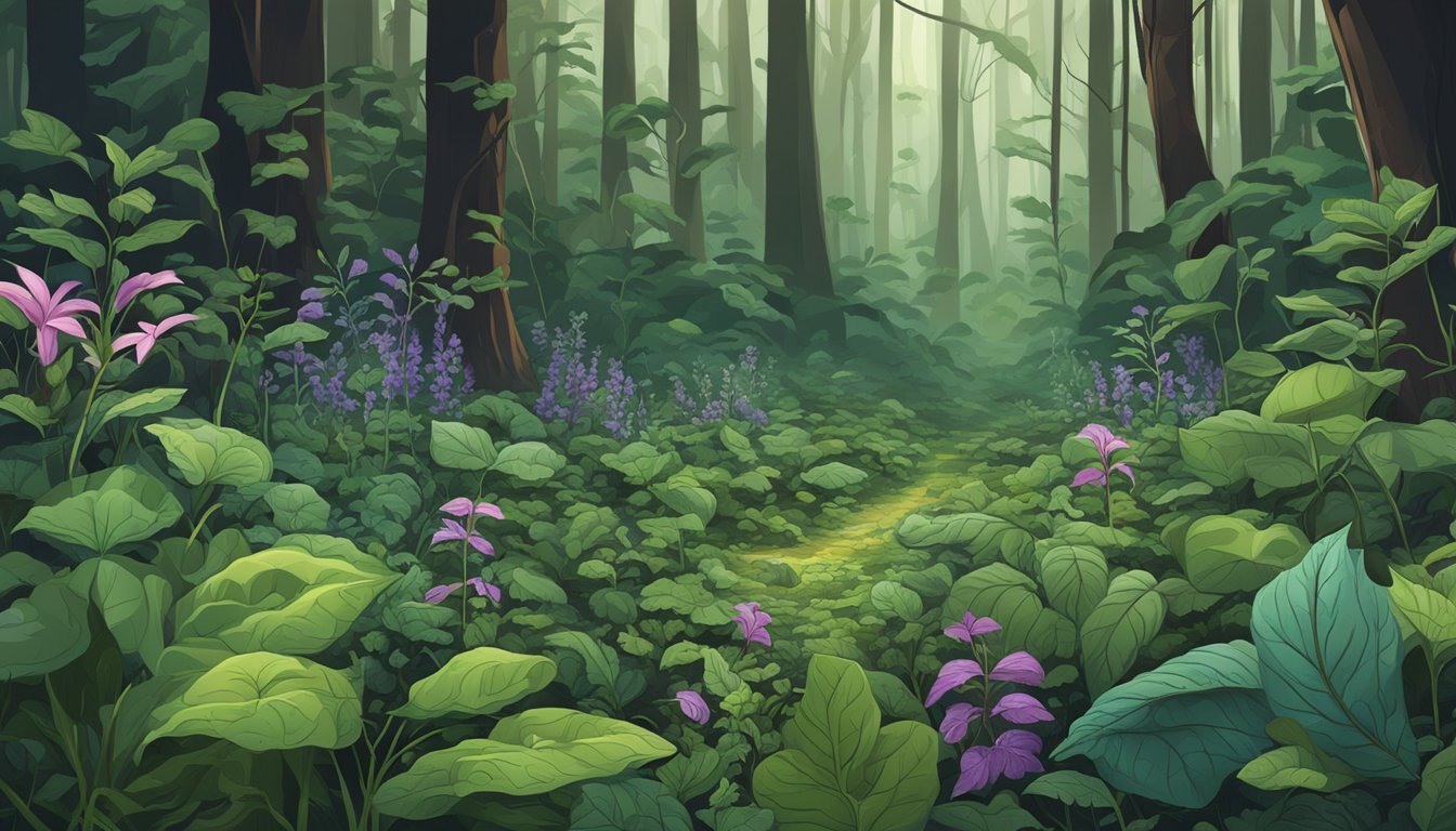 A dense forest floor with various plants, including the deadly nightshade, surrounded by similar-looking toxic plants