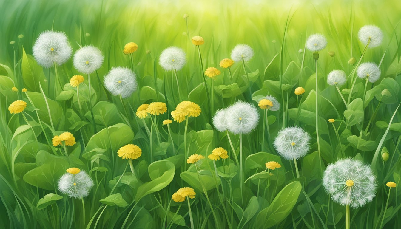 Various edible weeds, such as dandelions and purslane, scattered among green grass in a suburban lawn