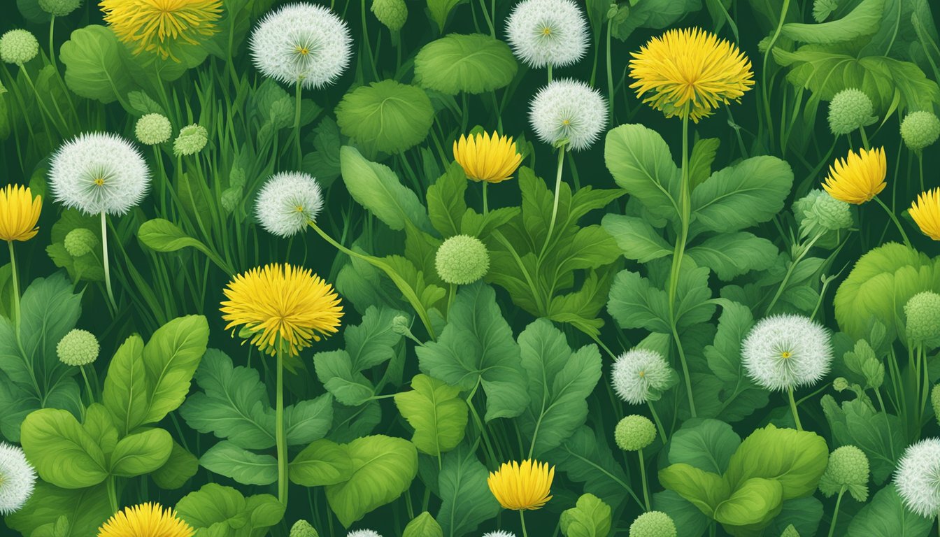 A lush green lawn with various wild edible weeds scattered throughout, including dandelions, clover, and plantain