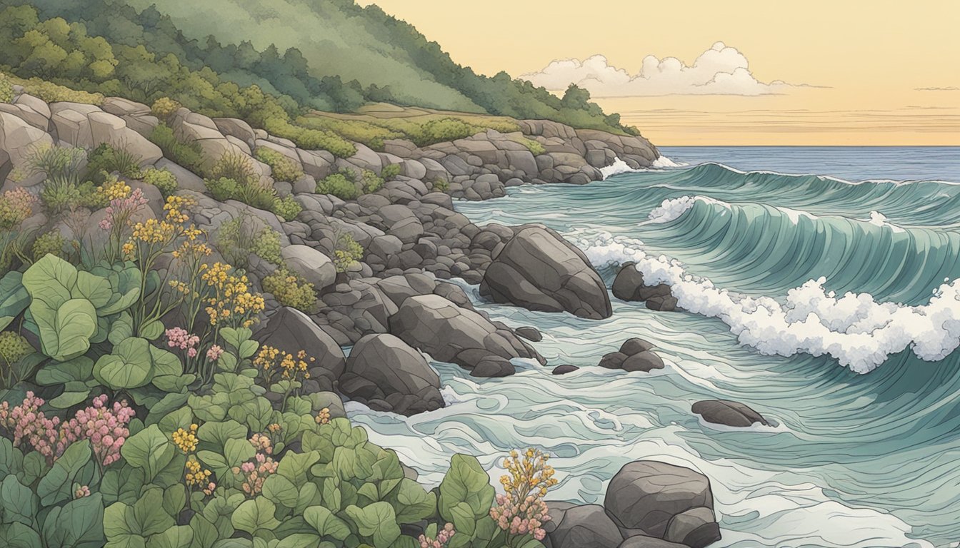 A rocky seashore with waves crashing in the background, featuring six edible plants being foraged by a person