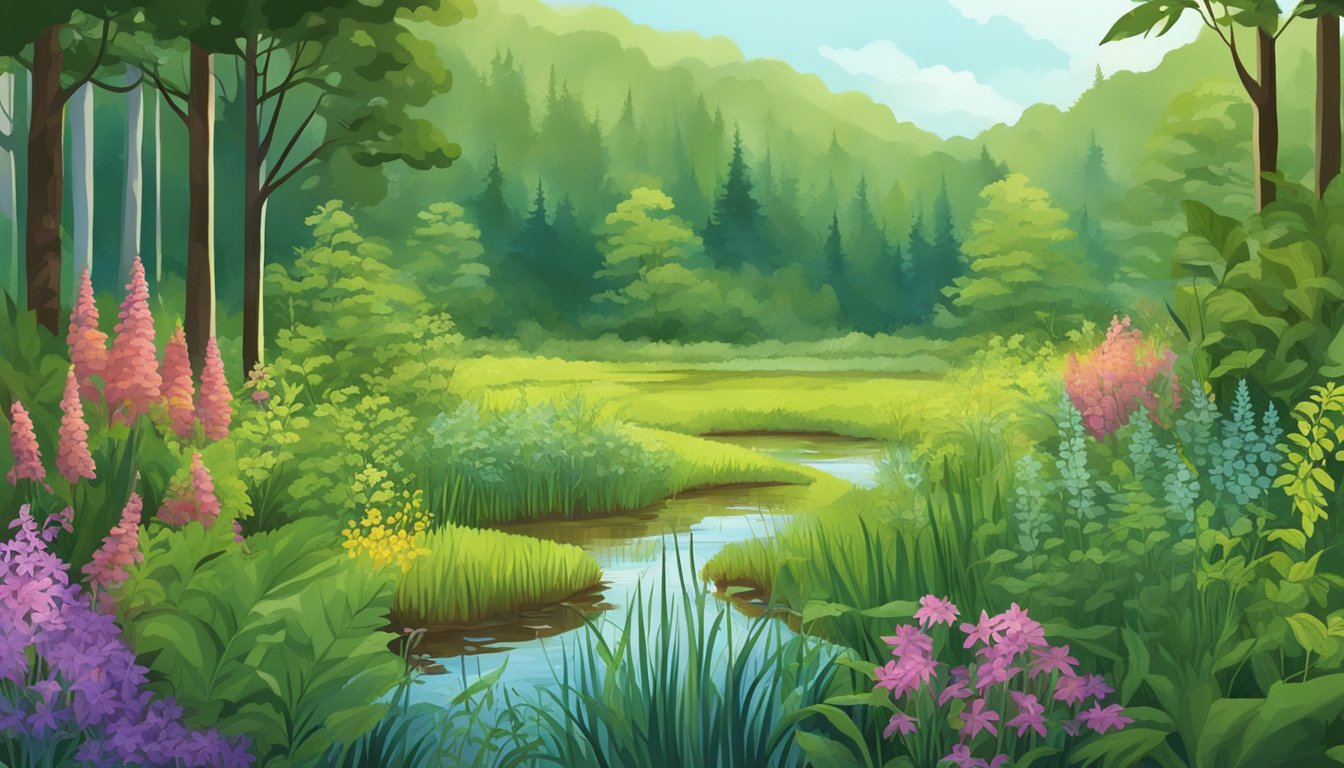 A lush forest clearing with wild rice plants, surrounded by various edible plants and flowers. A serene, natural setting with vibrant colors and textures