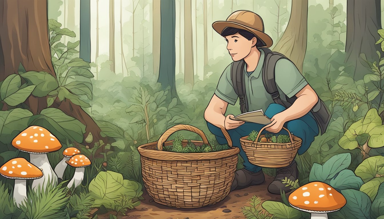 A forest floor with various plants and mushrooms, a person using a basket to collect items, and a guidebook open to a page on foraging techniques