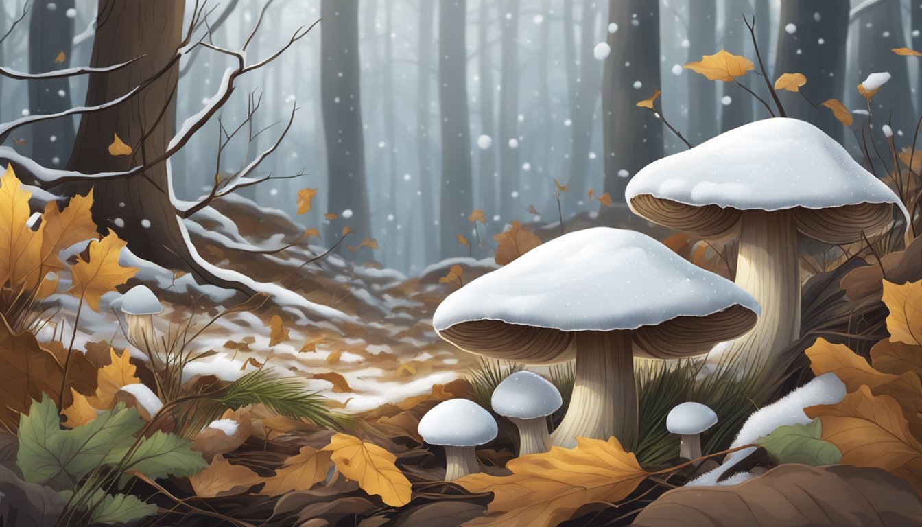 A snowy forest floor with various edible winter mushrooms, including snow fungus, growing among fallen leaves and twigs